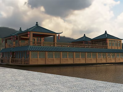 Traditional Chinese Style River Cruise Ship On Water 3d model
