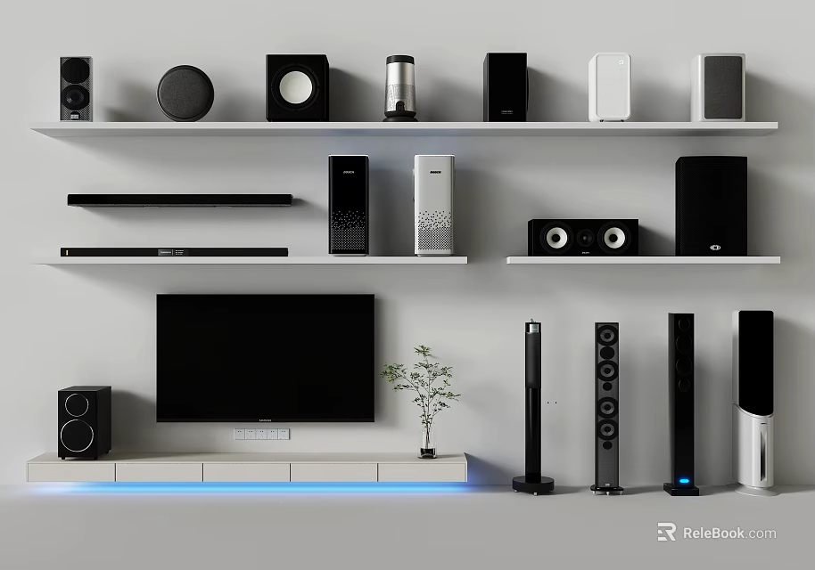 Modern TV Stand Setup With TV Speakers Electronic Devices On Shelves And Small Plant 3d model 