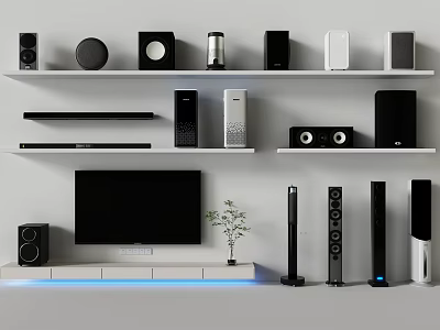 Modern TV Stand Setup With TV Speakers Electronic Devices On Shelves And Small Plant 3d model