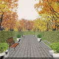 Scenic Park Landscape With Autumn Trees Brick Pathway Wooden Bench Hedges And Potted Shrubs