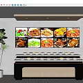 Modern Dining Sideboard Featuring Food Display Screens Arranged Dishes and Green Plant