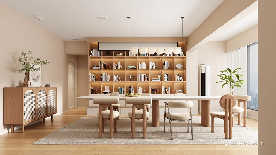 Minimalist Modern Dining Living Room Interior With Wooden Table Chairs Bookshelves And Pendant Lighting 3d model 