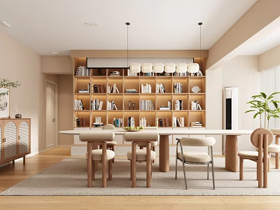 Minimalist Modern Dining Living Room Interior With Wooden Table Chairs Bookshelves And Pendant Lighting 3d model