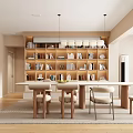 Minimalist Modern Dining Living Room Interior With Wooden Table Chairs Bookshelves And Pendant Lighting