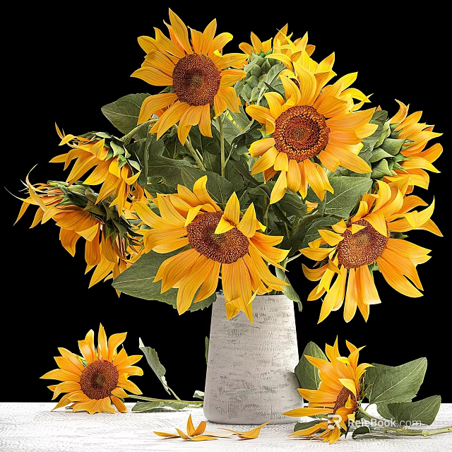 Bright Sunflower Decorative Ornament Set With White Vase And Green Leaves 3d model 
