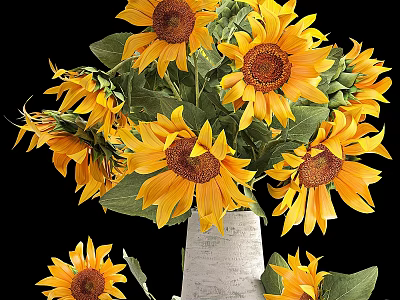 Bright Sunflower Decorative Ornament Set With White Vase And Green Leaves 3d model