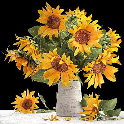 Bright Sunflower Decorative Ornament Set With White Vase And Green Leaves 3d model