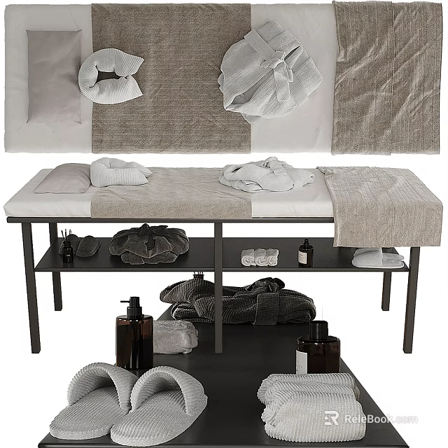 Modern Bathroom Accessories Including Soft Towels Slippers Bath Bottles And Storage Rack 3d model 