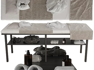 Modern Bathroom Accessories Including Soft Towels Slippers Bath Bottles And Storage Rack 3d model