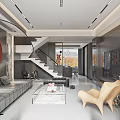Modern Living Dining Room Interior With Grey Walls Red Circular Artwork And Marble Panel