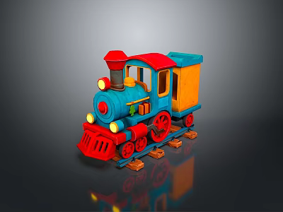 Vibrant Colorful Toy Train With Blue Red Yellow Headlights Wheels And Carriage 3d model