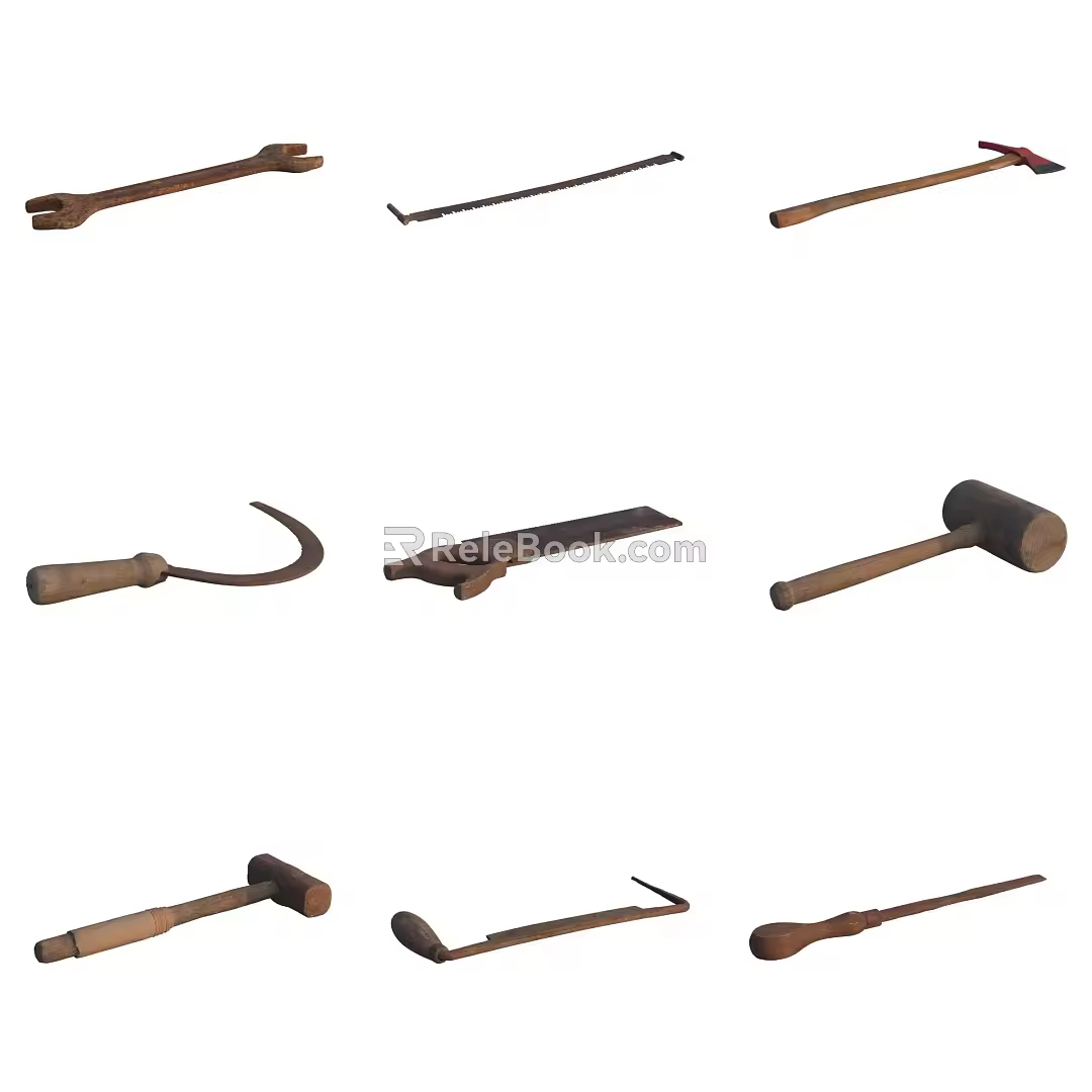farm tool axe hammer awl sickle wrench 3d model