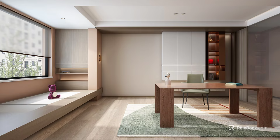 Modern Study Room Interior With Wooden Desk Green Chair Bookshelf And Area Rug 3d model 