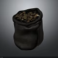 Black Fabric Bag Full Of Golden Coins On Gray Background