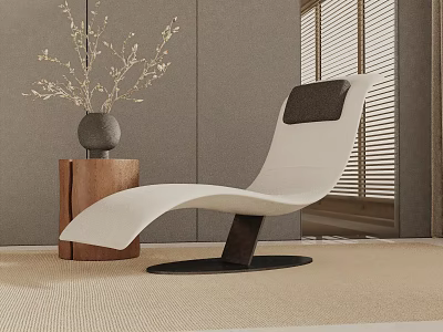 Modern White Lounge Chair with Dark Backrest Wooden Table Vase Dried Flowers Window Blinds Interior 3d model