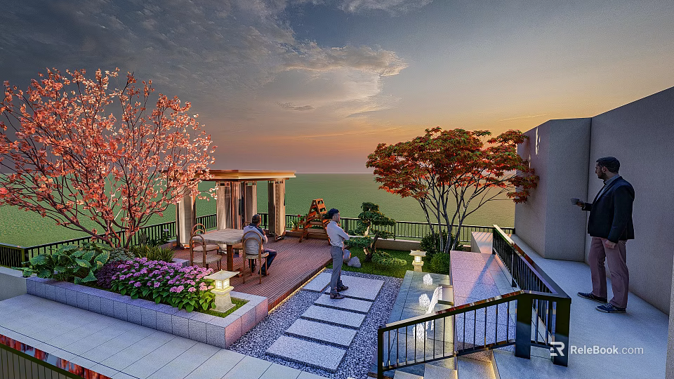 Rooftop Courtyard Garden With Pavilion Blooming Trees Stone Path And Relaxing People 3d model 