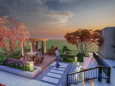 Rooftop Courtyard Garden With Pavilion Blooming Trees Stone Path And Relaxing People 3d model