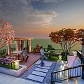 Rooftop Courtyard Garden With Pavilion Blooming Trees Stone Path And Relaxing People