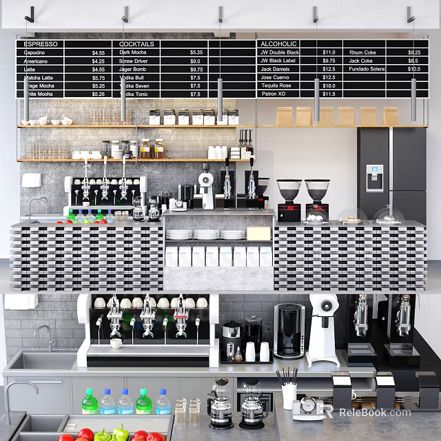 Functional Coffee Workstation Table With Machines Grinders Cups And Storage Shelves 3d model 