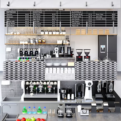 Functional Coffee Workstation Table With Machines Grinders Cups And Storage Shelves 3d model