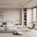 Modern Bedroom Interior With Comfortable Bed Decorative Artwork Desk And Bookshelves