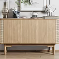 Modern Style Wooden Entryway Console Cabinet with Rattan Accents Decorative Artwork and Green Plant