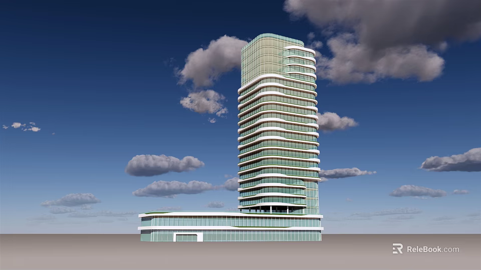 Modern Office Building With Glass Curtain Wall And Tall Structure Under Blue Sky 3d model 