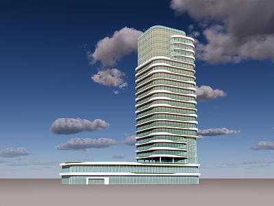 Modern Office Building With Glass Curtain Wall And Tall Structure Under Blue Sky 3d model