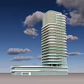 Modern Office Building With Glass Curtain Wall And Tall Structure Under Blue Sky