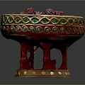 Ornamental Red Gold Bowl Decor Set With Green Patterns On Carved Stand White Accents