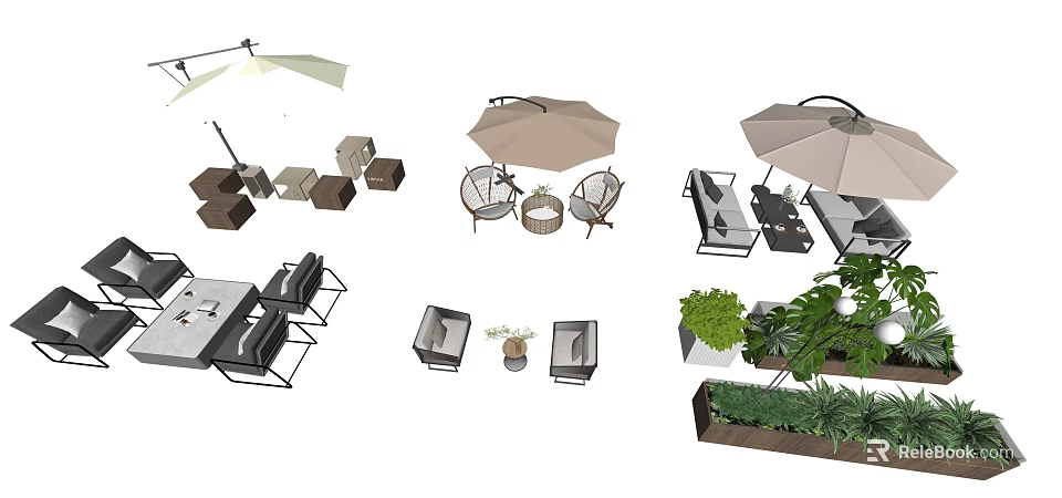 Modern Outdoor Chairs With Umbrella Table And Garden Plants For Patio 3d model 