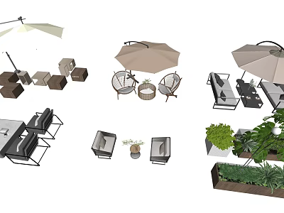 Modern Outdoor Chairs With Umbrella Table And Garden Plants For Patio 3d model