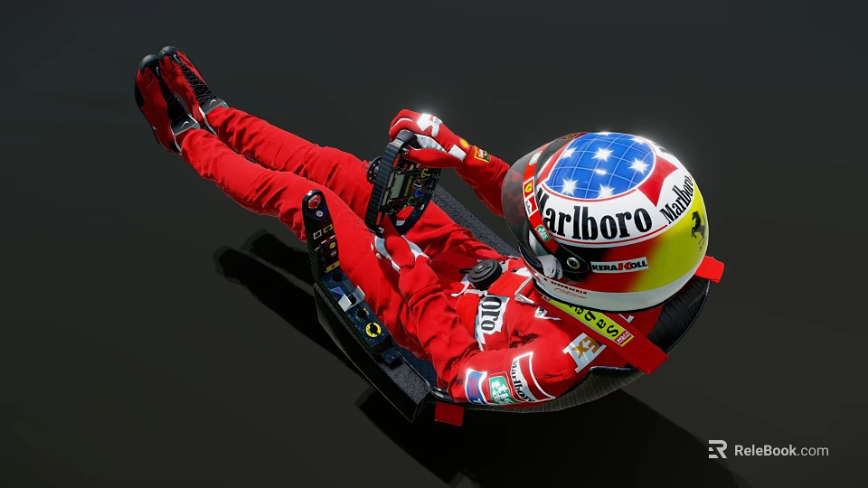 Man In Red Racing Suit With Marlboro Helmet Sitting On Racing Seat 3d model 