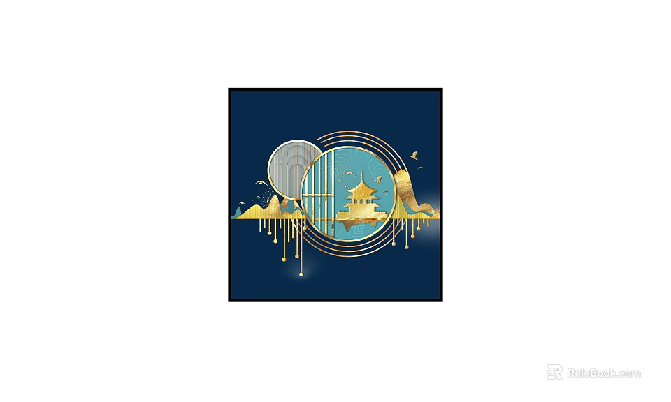 Chinese Style Decorative Artwork With Pagoda Moon Mountains And Golden Details 3d model 