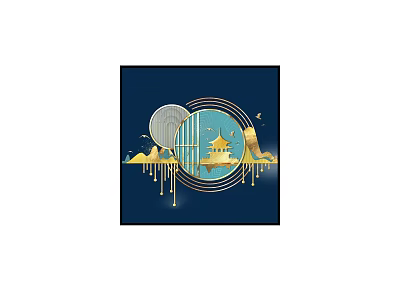 Chinese Style Decorative Artwork With Pagoda Moon Mountains And Golden Details 3d model