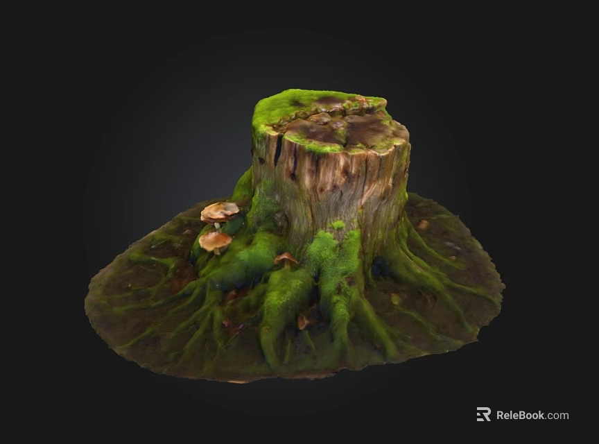 Natural Stone Wood Tree Stump With Green Moss Mushrooms And Roots 3d model 