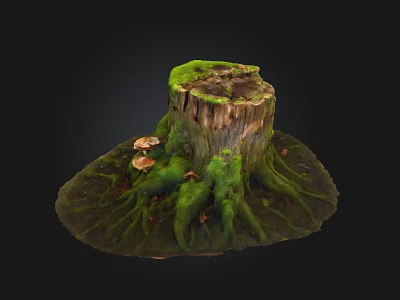 Natural Stone Wood Tree Stump With Green Moss Mushrooms And Roots 3d model