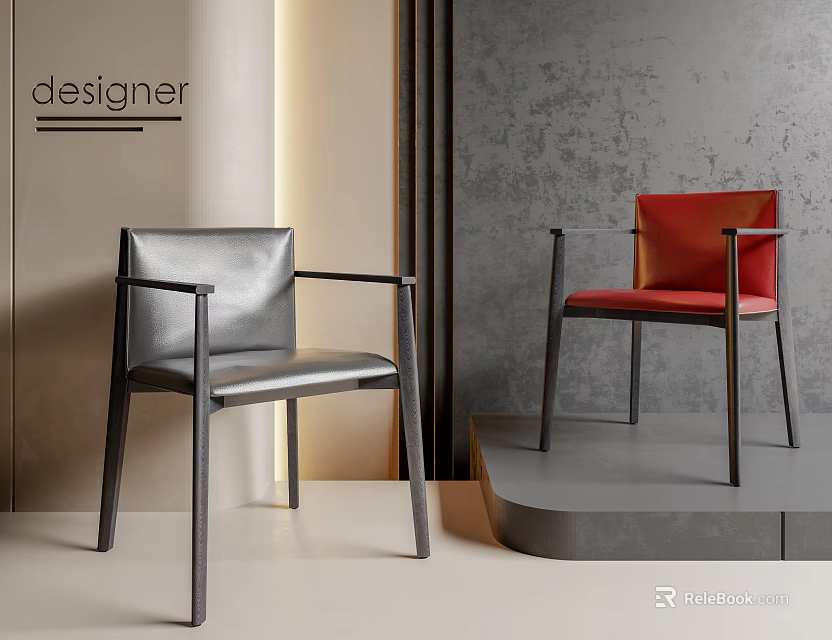Modern Design Gray And Red Leather Accent Chairs With Gray Wall And Display Platform 3d model