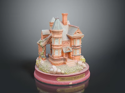 Vintage Victorian House Model With Spire Chimney Red Base Balcony And Greenery 3d model