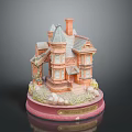 Vintage Victorian House Model With Spire Chimney Red Base Balcony And Greenery