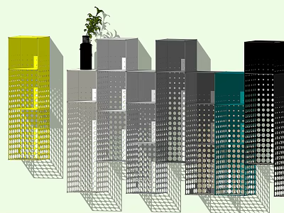 Colorful Wall Cabinets With Perforated Dot Designs And Decorative Vase With Green Plant 3d model