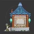 Traditional Japanese Architecture With Blue Tile Roof Flower Sign And Green Lanterns