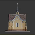 Cartoon Church Scene With Yellow Exterior Red Roof And Spire Tower