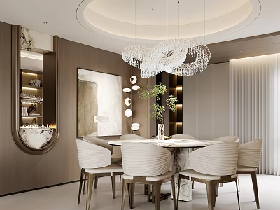 Modern Restaurant Interior With Round Dining Table White Chairs Crystal Chandelier And Artwork 3d model