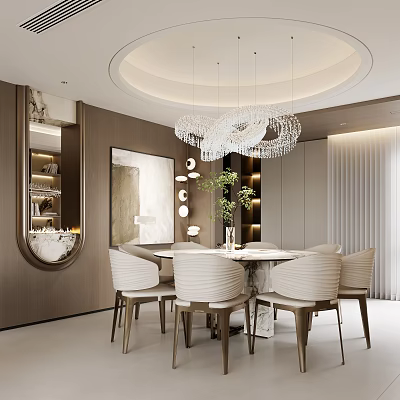 Modern Restaurant Interior With Round Dining Table White Chairs Crystal Chandelier And Artwork 3d model