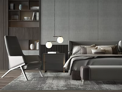 Modern Bedroom Interior Design Featuring Background Double Bed With Nightstand Accent Chair And Pendant Light 3d model