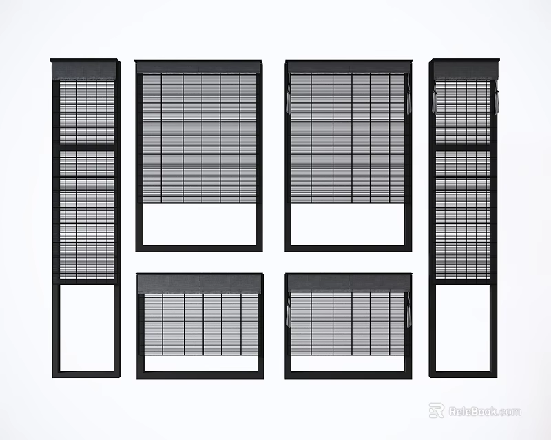 Assorted Window Blinds With Black Frames And Various Slat Designs 3d model