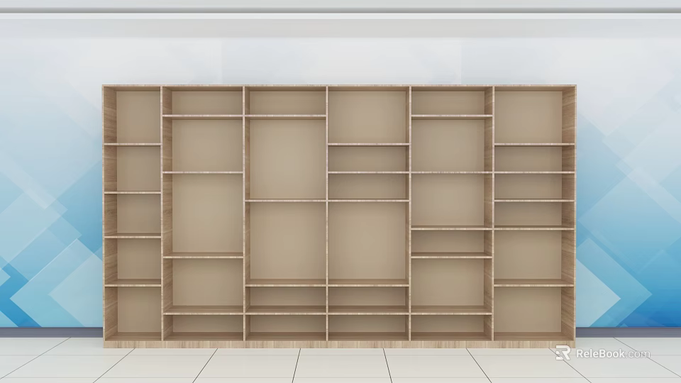 Large Open Wooden Bookcase With Multiple Shelves And Light Wood Finish 3d model 