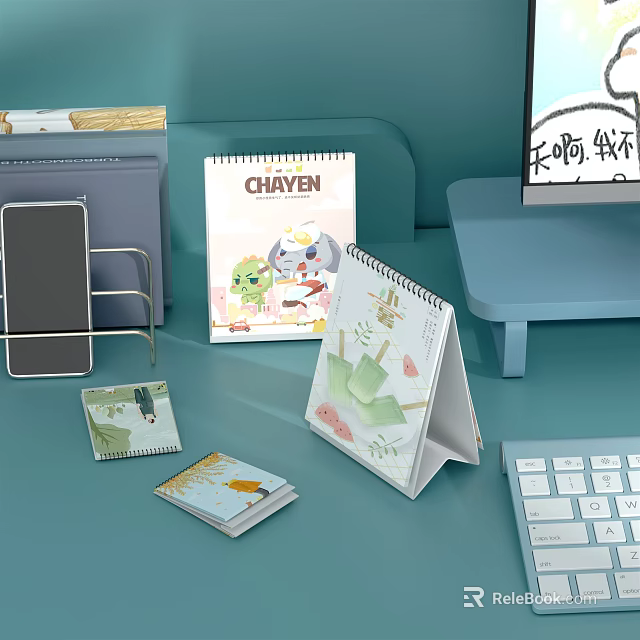 Office Desk With Cartoon Calendar CHIYEN Notebook And Phone Stand 3d model 