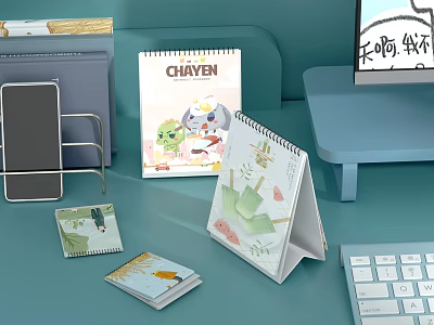 Office Desk With Cartoon Calendar CHIYEN Notebook And Phone Stand 3d model